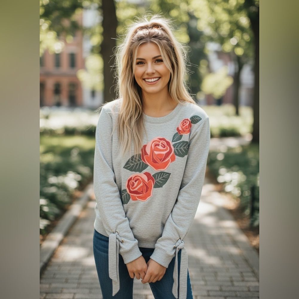 Disney MINKPINK Rose Graphic Sweatshirt Gray Long Sleeve Pullover Tie Sleeve Siz